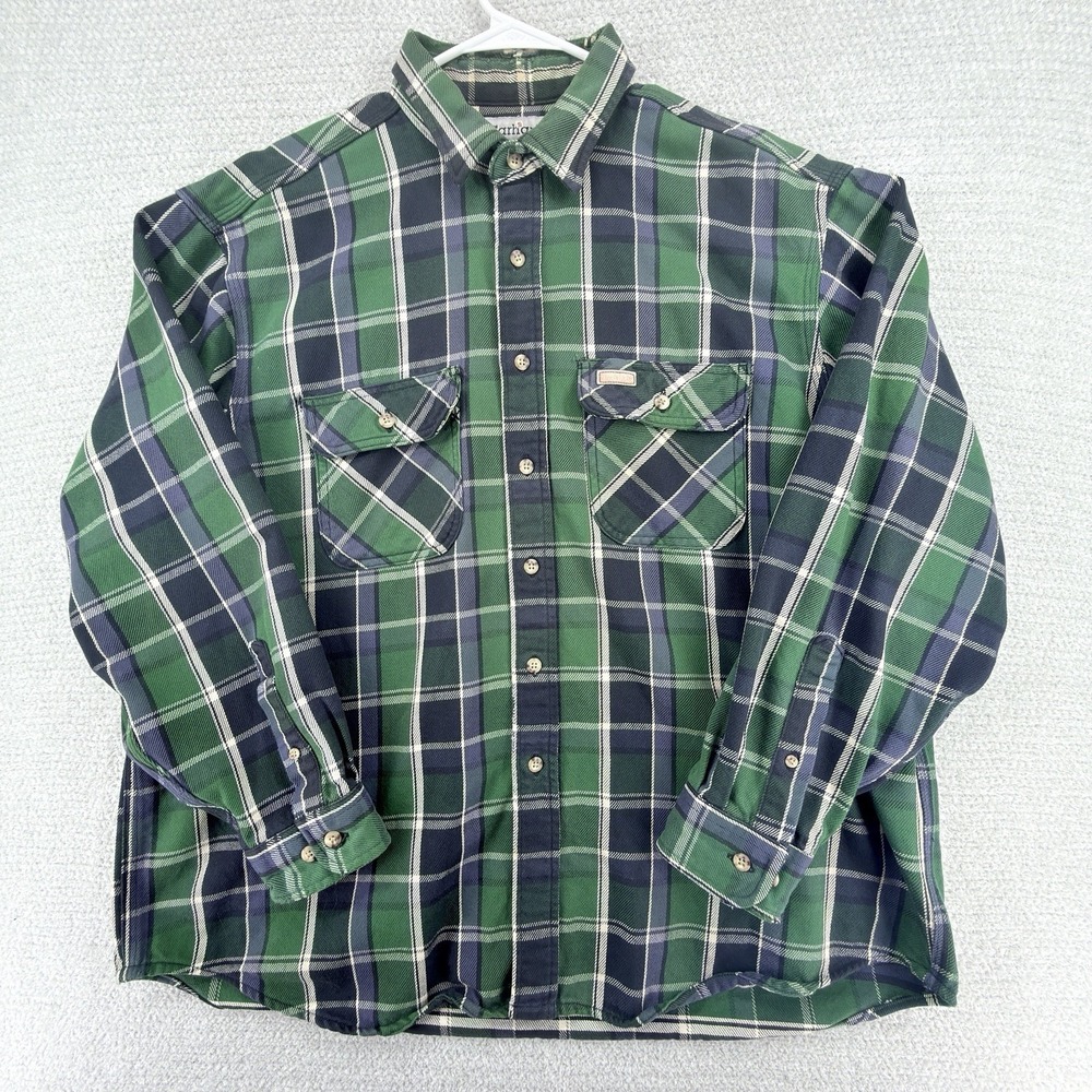 Vintage Carhartt Plaid Flannel Shirt Mens XL Green Heavyweight Workwear S95-FRT